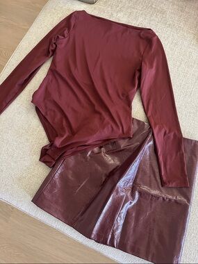 H&M & Francesca’s Burgundy Long Sleeve Bodysuit with Matching Faux Leather Skirt